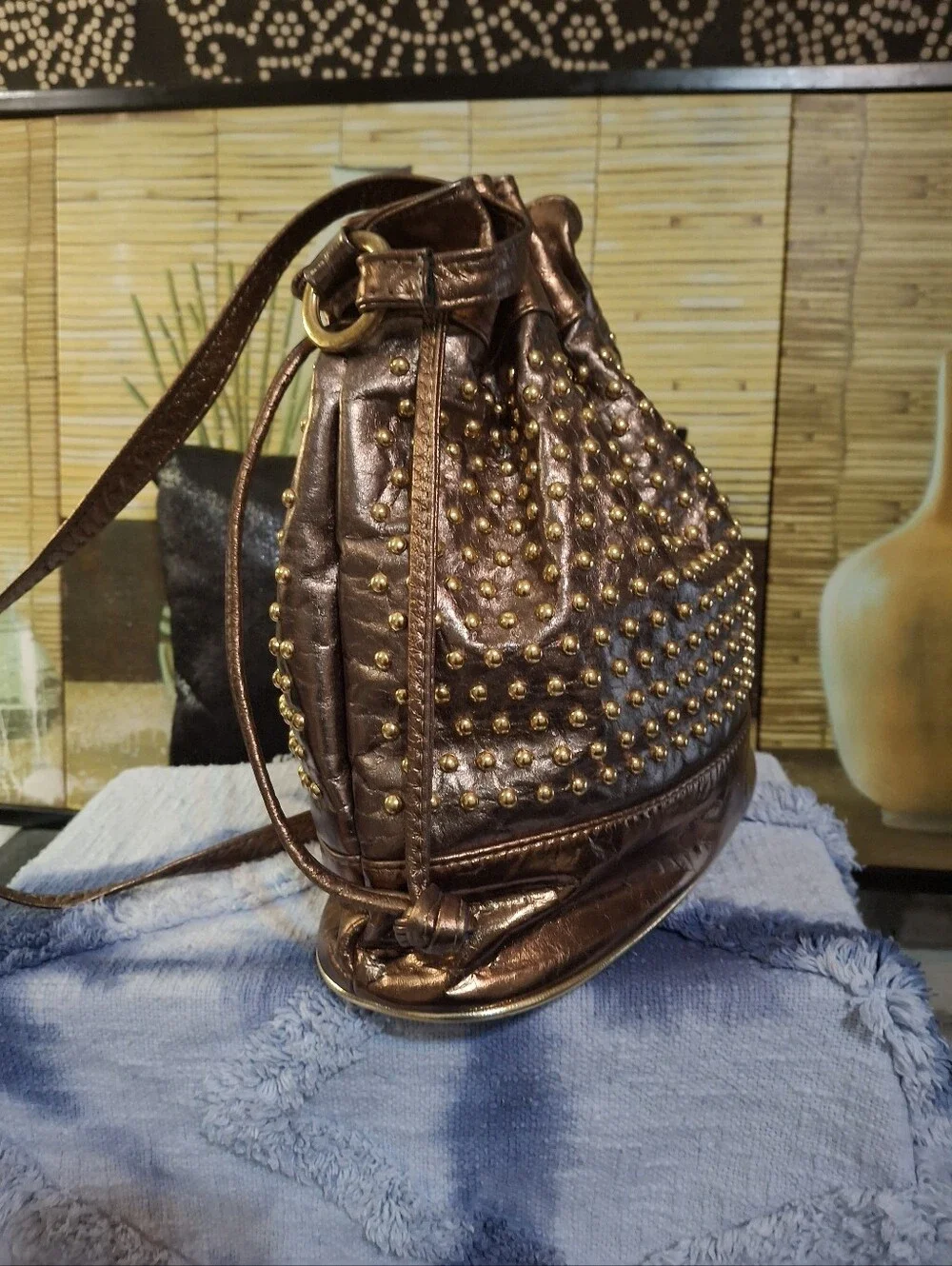 Metallic Brown Studded Drawstring Shoulder Bag